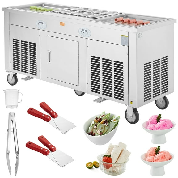 VEVOR Fried Ice Cream Roll Machine, 2Pcs 17.7" x 17.7" Square Stir-Fried Ice Cream Pans,Stainless Steel Commercial Rolled Ice Cream Maker with Compressor and 4 Scrapers,for Ice Cream,Frozen Yogurt