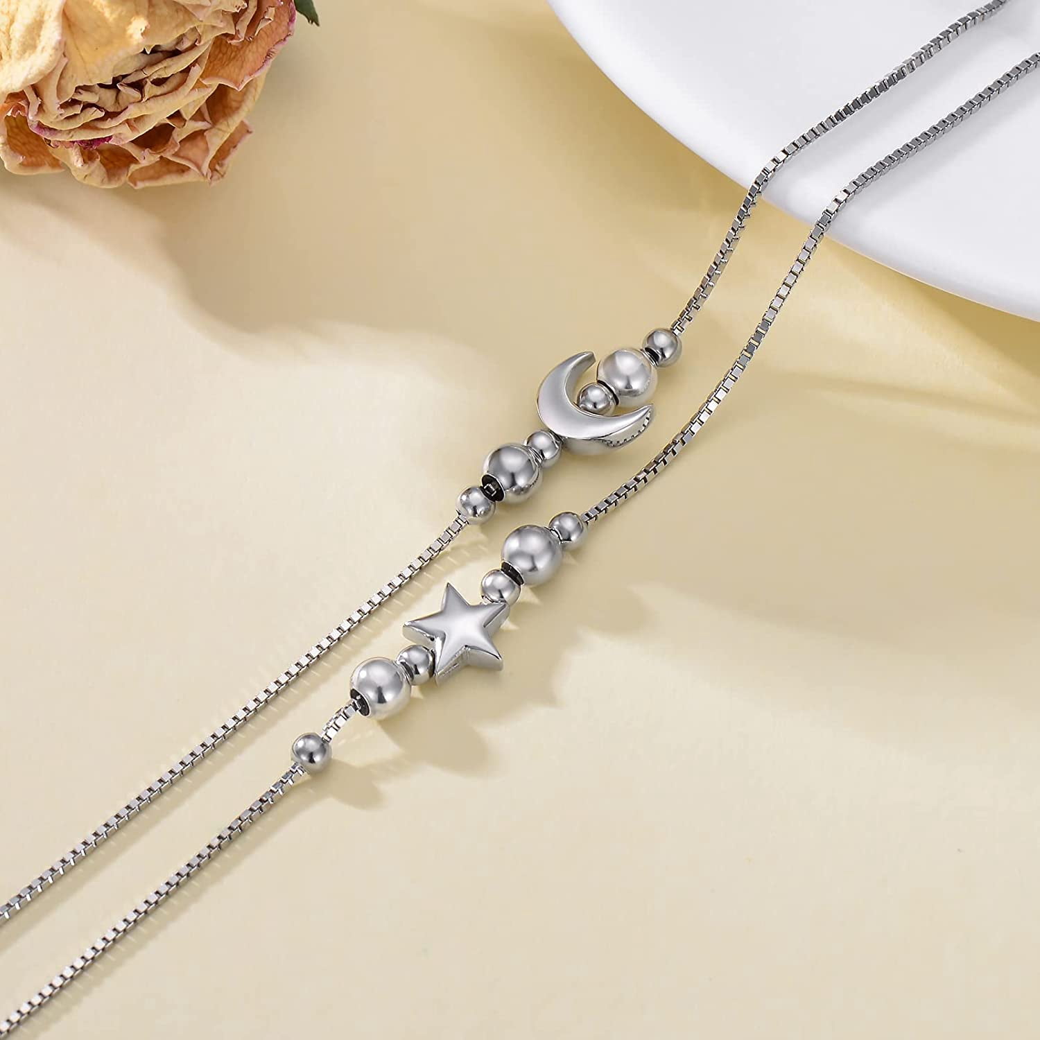 SISGEM Gift Star and Moon Sun Layered Anklet 925 Sterling Silver for Women Adjustable Beads Anklet Bracelet Crescent Beach Foot Chain 10 Inch Charm Jewelry Gifts