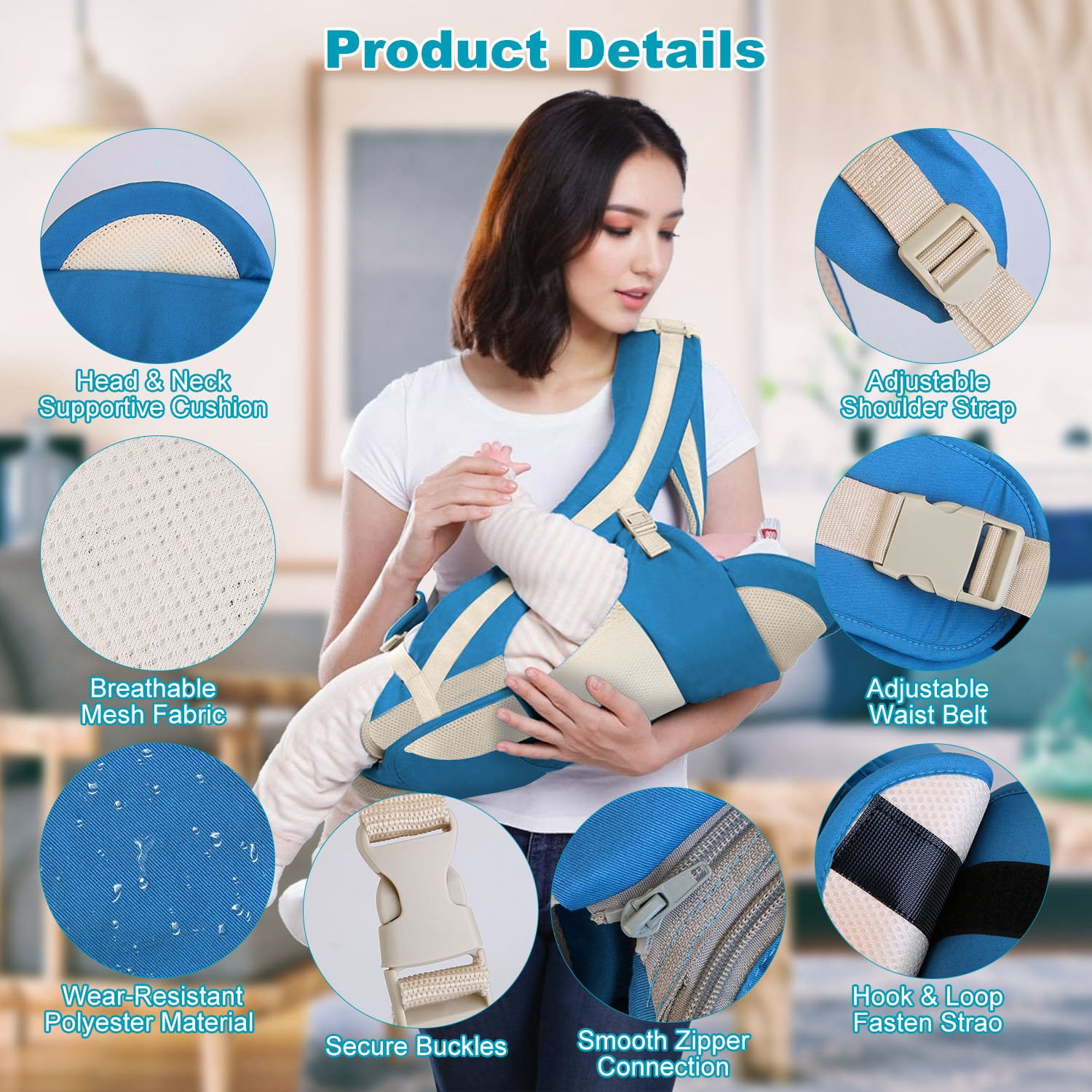 Zorpupoa Kid Carrier with Hip Seat, Ergonomic Adjustable Infant Carrier with 15 Carrying Positions for Under 55lbs Weight 0-4 Years Old, Blue