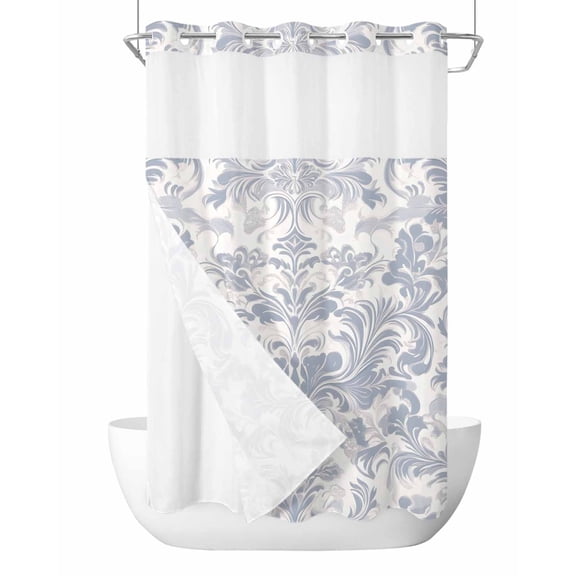 No Hook Cloth Fabric Shower Curtain with Snap in Liner, Rustic Baroque Waterproof Shower Curtains Set with See Through Top Window, Vintage Country Scroll Floral Patterned Bath Curtains Shower 36"x78"