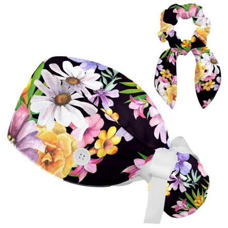 

Working Cap with Buttons and Sweatband Scrub Hat Bouffant Caps with Scrunchie Chrysanthemum Tie Back Hats