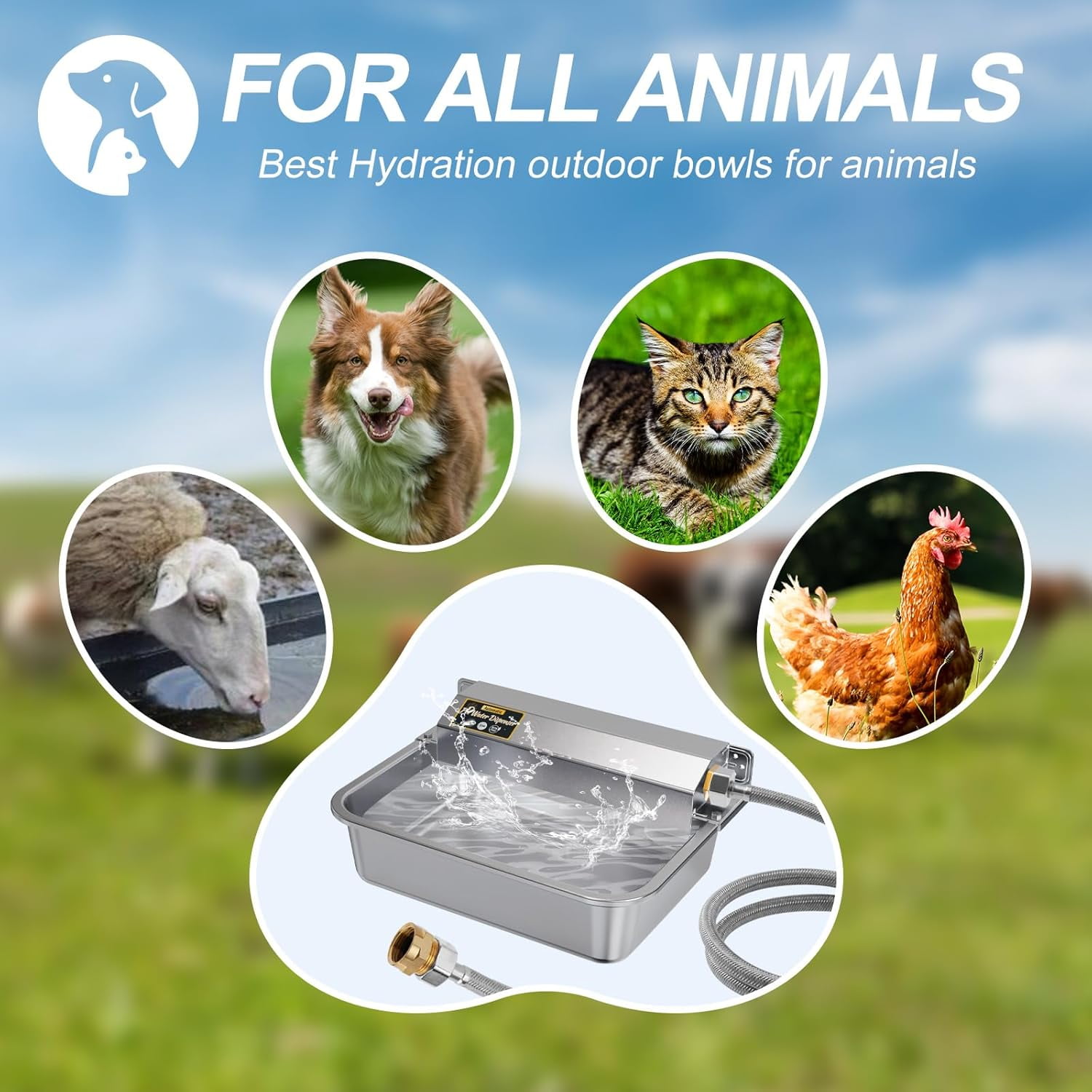 1Gal/3.8L Automatic Water Dispenser for Dogs, Patented Automatic Dog Waterer Bowl for Outdoor, Stainless Steel Water Bowl Dispenser for Livestock Chicken, Dog Feeder Fit 3/4'' GHT Faucet