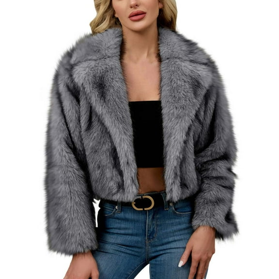Gpaecead Cropped Faux Fur Jackets Womens Ladies Warm Faux Furry Coat Jacket Winter Solid Turn Down Outerwear Gray