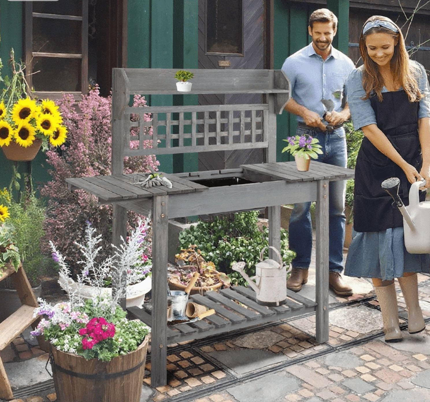 Outdoor Potting Bench Table, Wooden Workstation, Storage Shelf and Dry Sink