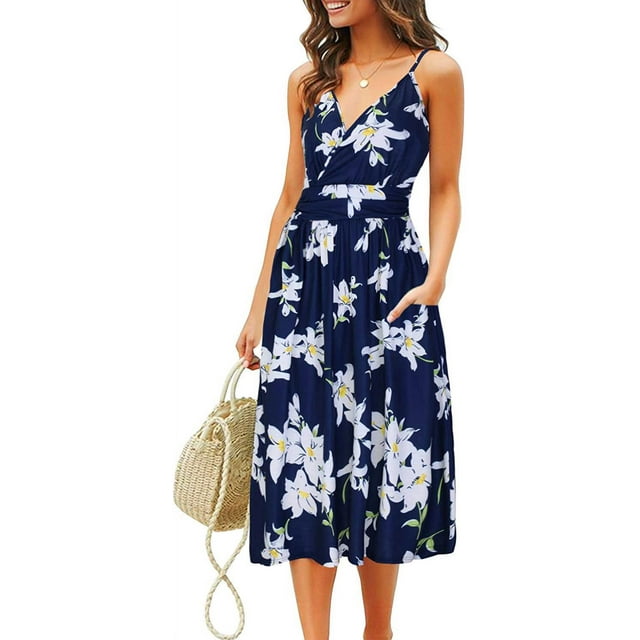 Nouvelle Robe Décontractée Ample pour Femmes avec Poches Robe d'Été Imprimé Floral Robe de Plage