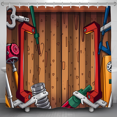 thumbnail image 1 of Vibrant Cartoonish Rustic Wooden Workshop Shower Curtain - Whimsical Tool Design for Playful Bathrooms, 1 of 4