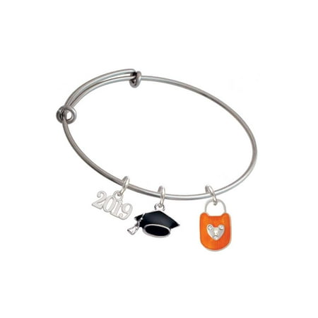 Hot Orange Enamel Lock - Hot Orange Enamel Lock with Clear Crystals - 2019 Graduation Charm Bangle Bracelet