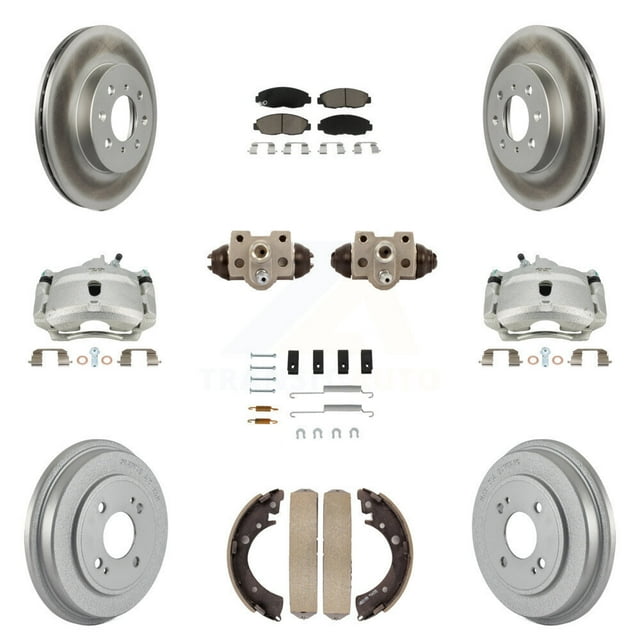 Transit Auto Front Rear Disc Brake Caliper Coated Rotors Drums Ceramic Pads Shoes Wheel Cylinders and Hardware Kit (11Pc) for Car Honda Civic KCG-100386C