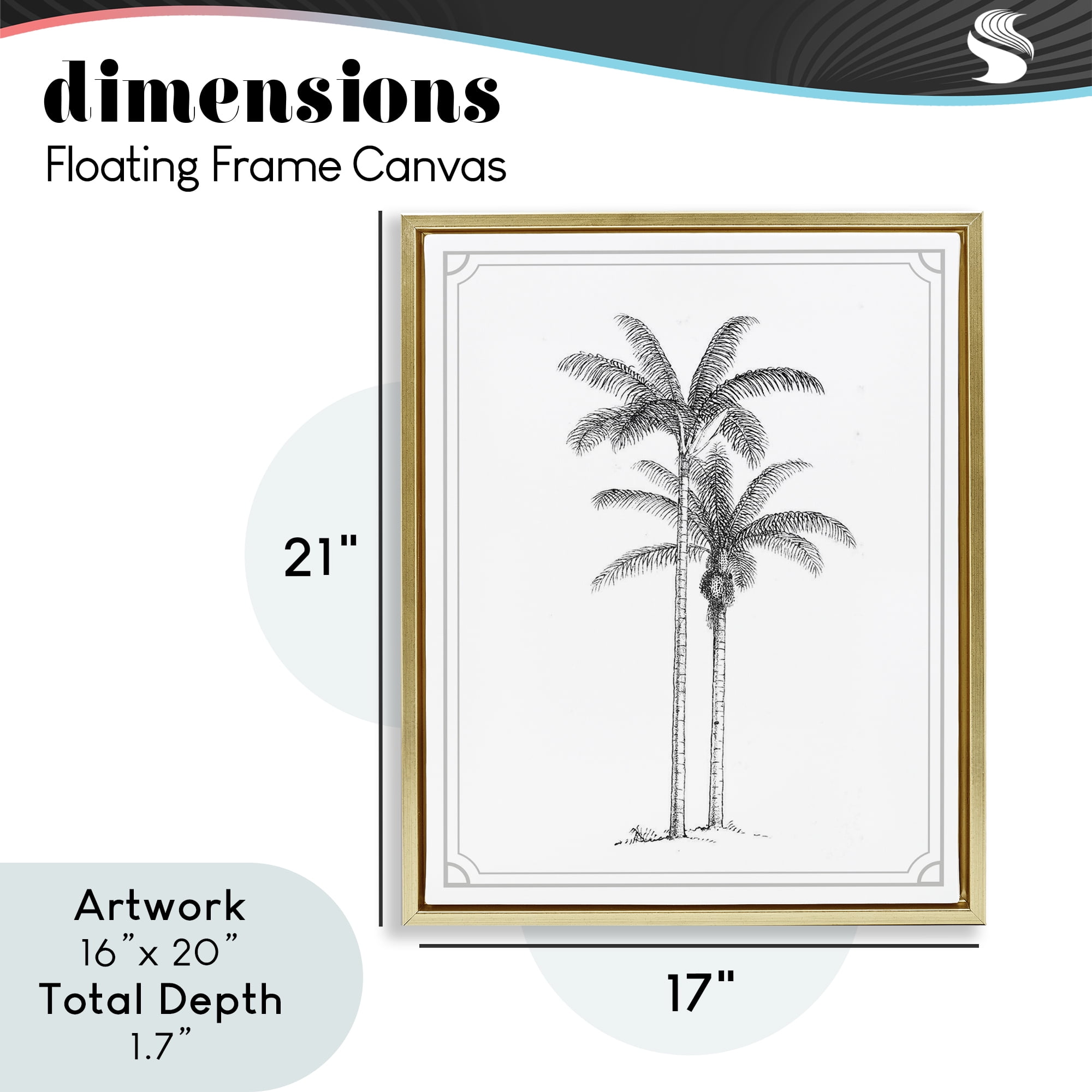 Vintage Simple Palm Tree Gold Framed Floater Canvas Wall Art, design by Lettered and Lined