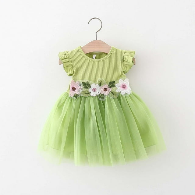 LOVZFMLL Kid's Denim Skirt Breathable And Cool In Summer Girls' Dress With Lace Round Neck