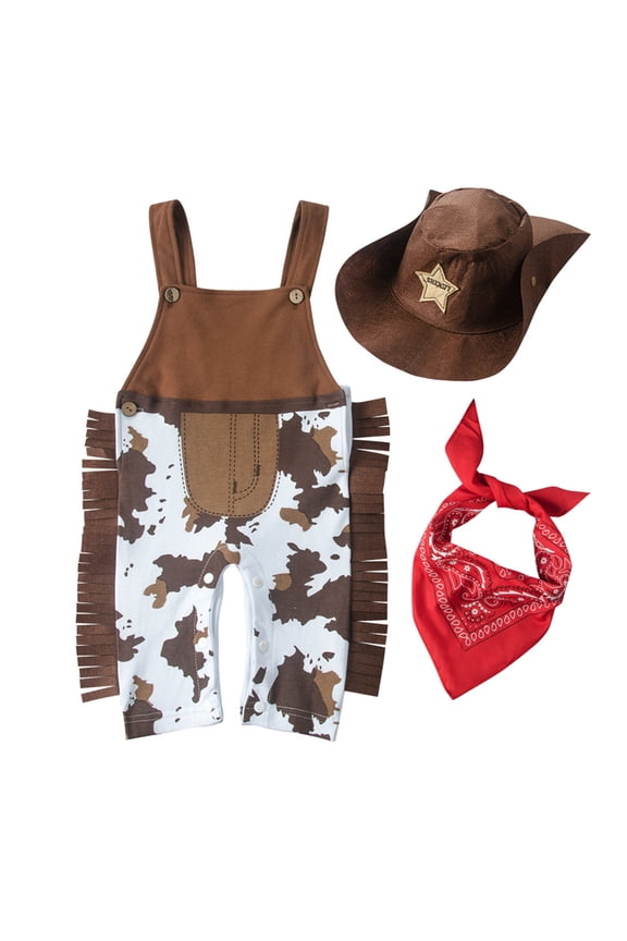Infant Baby Boy Girl Clothes Western Cowboy Suit Suspenders Jumpsuit Climbing Suit with Red Scarf Hat Three Piece Outfits Long Sleeve Onesie Brown