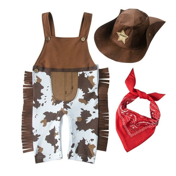 Zwiiyzr Infant Baby Boy Girl Clothes Western Cowboy Suit Suspenders Jumpsuit Climbing Suit with Red Scarf Hat Three Piece Outfits Long Sleeve Onesie Brown