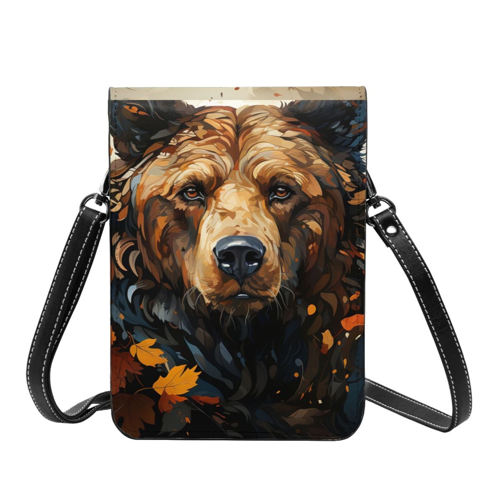 Bear Grizzly Bear Art Vintage Cell Phone Purse Small Crossbody Bag with Strap Credit Card Slots Leather Shoulder Wallet for Women
