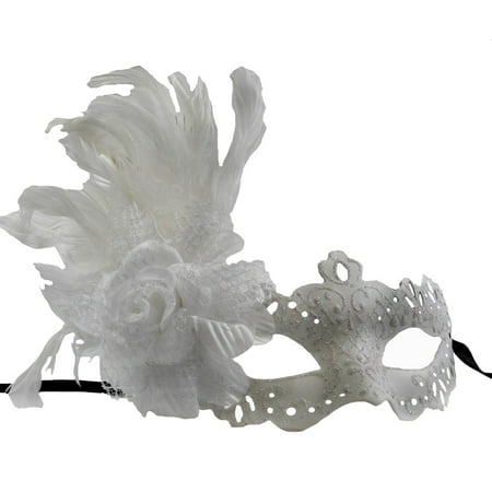 WHITE VENETIAN PARTY MASK - Flower Feather - MASQUERADE