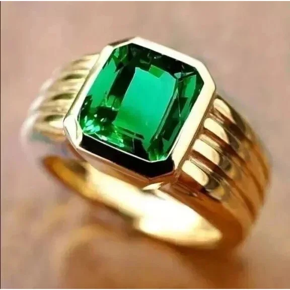 3Ct Emerald Cut Lab Created Green Emerald Men's Solitaire Ring in 14K Yellow Gold Plated
