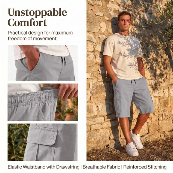 Long Cargo Shorts for Men Summer Casual Classic Drawstring Comfort Big and Tall Bermuda Twill Shorts with Pockets, L