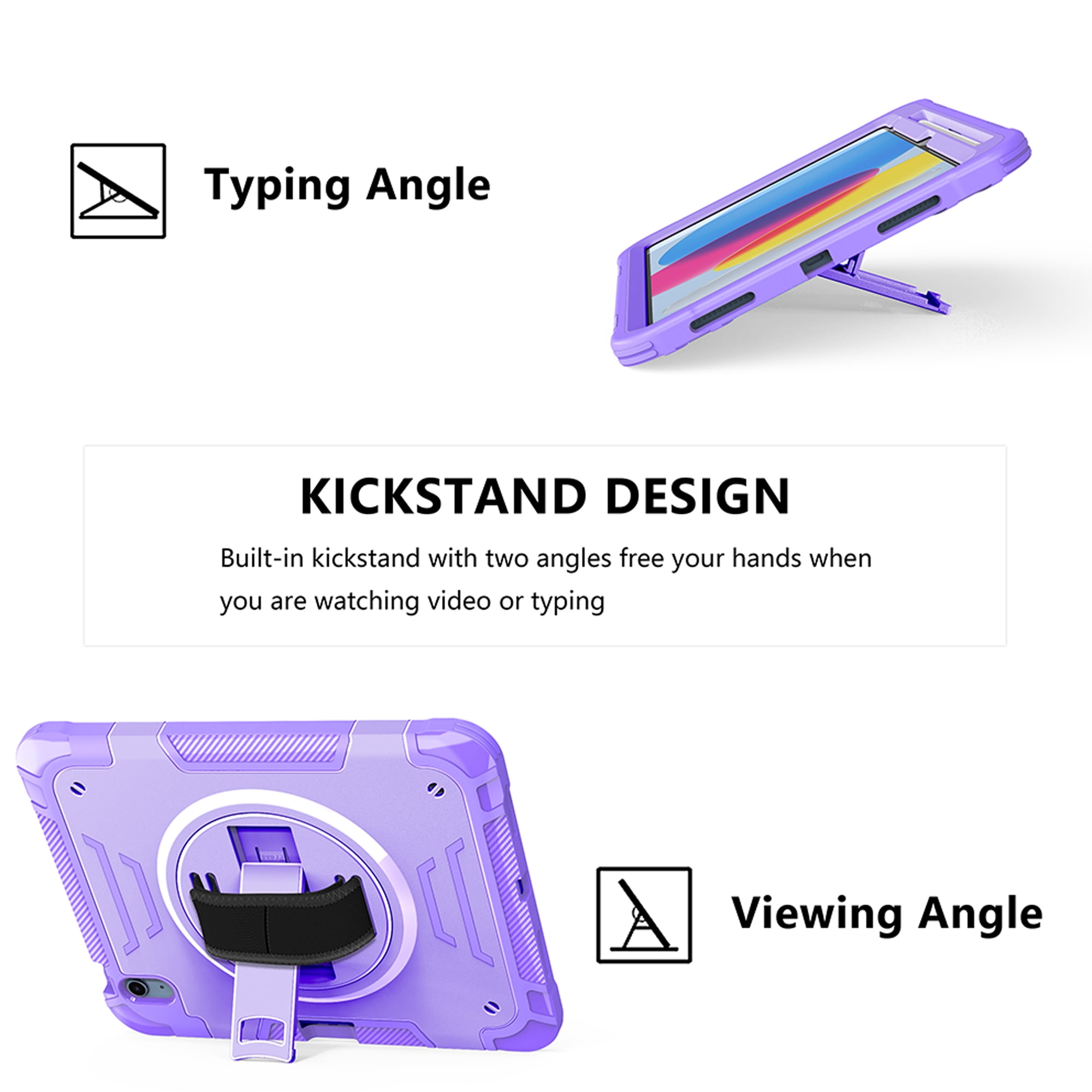 for iPad (A16) 11th Gen 2025, Rugged Shockproof Case for iPad 10th Gen 2022 with Pencil Holder, 360 Rotating Hand Strap & Stand, Shoulder Strap, TPU PC 3 Layers Multi-Functional Cover - Purple