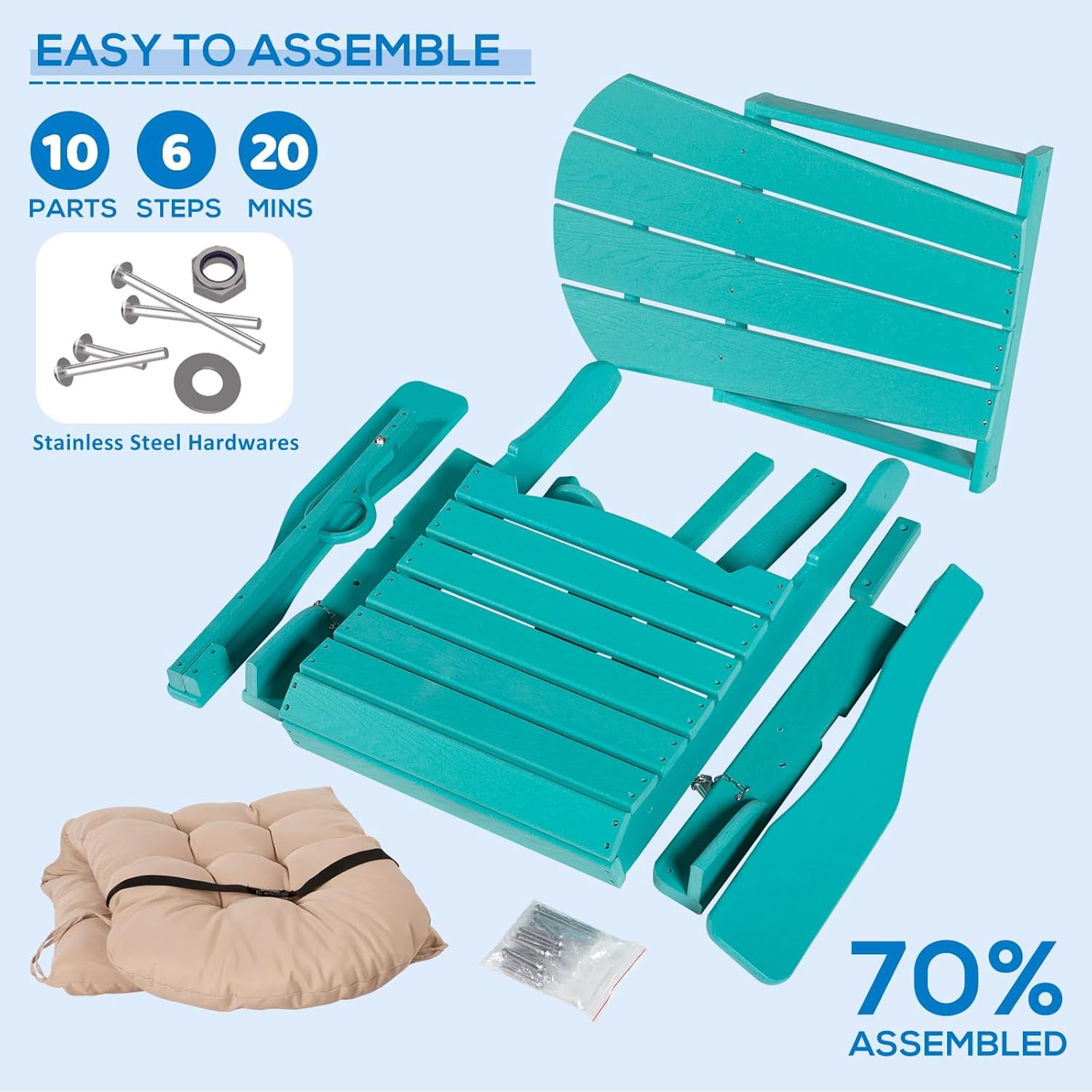 Nalone Folding Adirondack Chairs with Cushion with Cup Holder, HDPE Plastic Oversized Patio Chair Weather Resistant(Aruba)