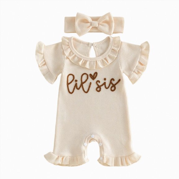 felwors Newborn Baby Girl Summer Outfit Romper Sister Lil Sis Embroidery Ruffle Collar Jumpsuit Infant Waffle Clothes,Beige,6-9 Months