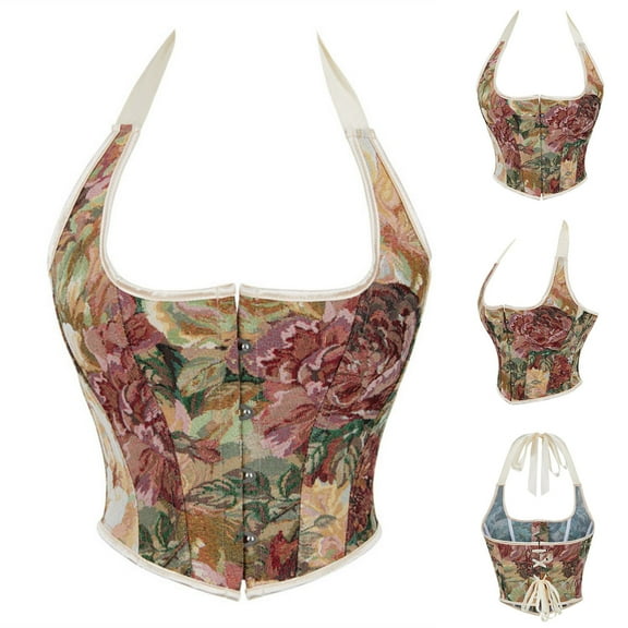 Nmnitkp Women's Cami Top Casual Cute Print Lace Up Back Sleeveless Spaghetti Strap Crop Corset Top，Slim Corset