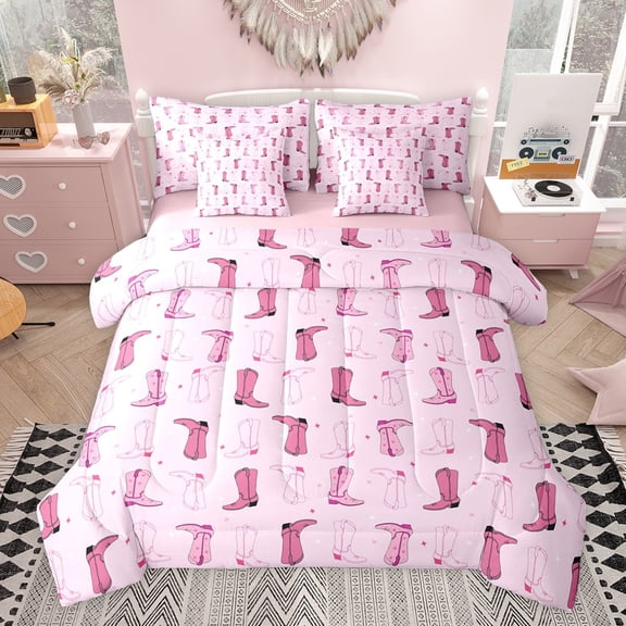 jejeloiu Vintage Cowgirls Boots 7-Piece Twin Bedding Sets,Pink Stars Print Bedding Comforter Set For Girls Women Reversible