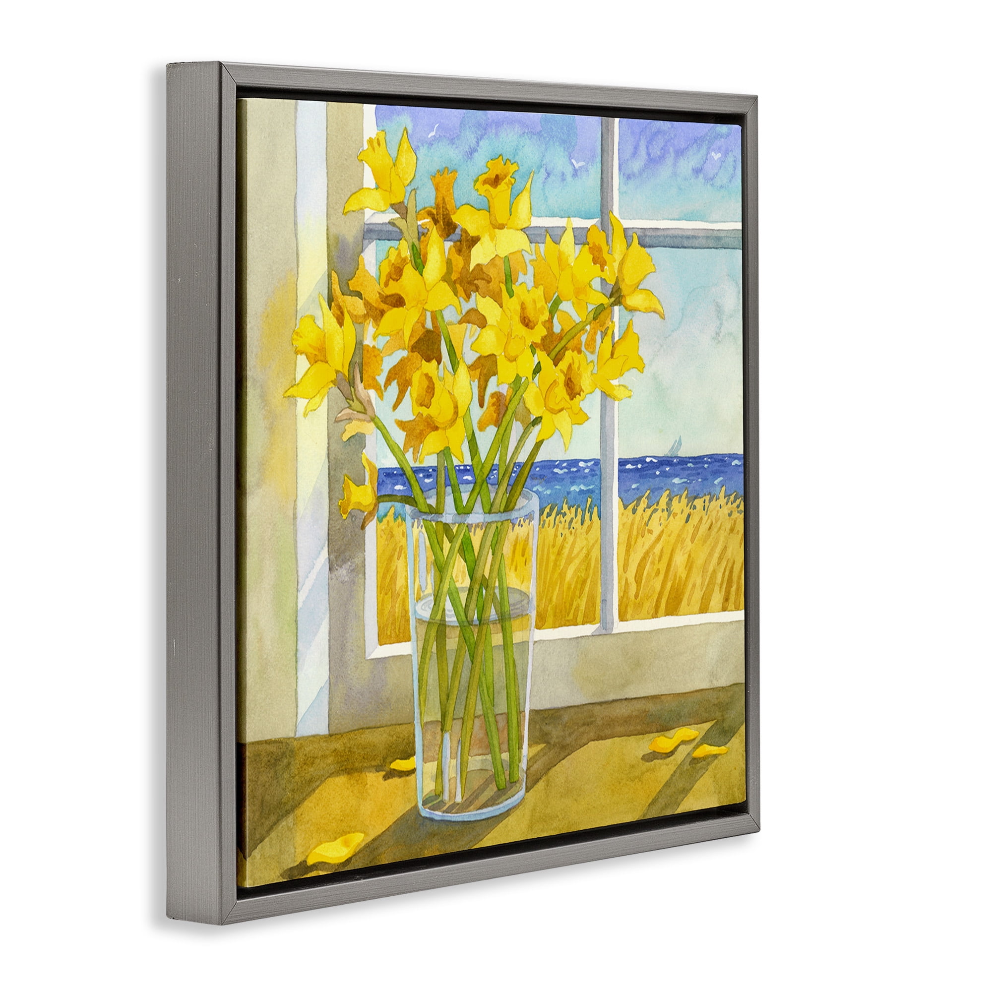 Stupell Industries Daffodils in Seaside Window Botanical & Floral Painting Gray Floater Framed Canvas Art Print Wall Art, 25 x 25