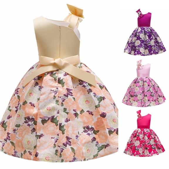 JAJAHO Flower Girl Dress Sleeveless Asymmetrical Shoulder Design Floral Print A-Line Ball Gown Mini Dress Prom Party Wedding Wear For Kids 5-10Y Trendy Dresses