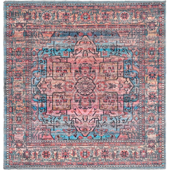 Rugs.com Maahru Collection Washable Rug – 3 Ft Square Blue Low-Pile Rug Perfect For Living Rooms, Kitchens, Entryways