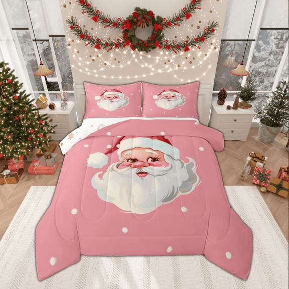 Manfei Cartoon Santa Claus Bedding Comforter Set for Kid, Merry Christmas Twin Comforter Sets, Pink Princess Style Reversible Bedding Set, Super Cozy Room Decor, 2-Piece