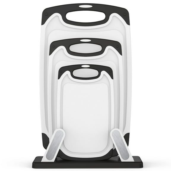 Cutting Boards for Kitchen with Stand – 3-Piece Plastic Cutting Board Set, Double-Sided Use, Large for Chopping Meat, Medium & Small for Vegetables, Fruits, Juice Grooves, Non-Slip Handles, BPA-FREE
