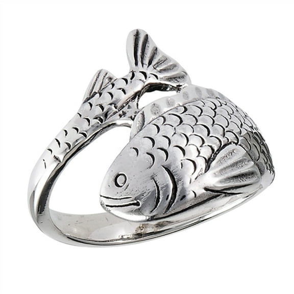 Oxidized Detailed Fish Wrap Animal Ring .925 Sterling Silver Band Jewelry Female Male Unisex Size 8