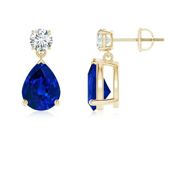 ANGARA Lab Grown 3.5 Ct Blue Sapphire Drop Earrings with Lab Diamond for Women in 14K Yellow Gold (Size-9x7mm) | Anniversary, Jewelry Gift for Women | Lab-Grown Blue Sapphire Earrings