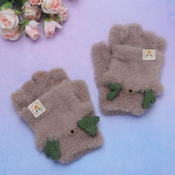 FESTFENDS Half Finger Plush Gloves 1 Pair Warm Keeping For Children Winter Outdoor Use Khaki
