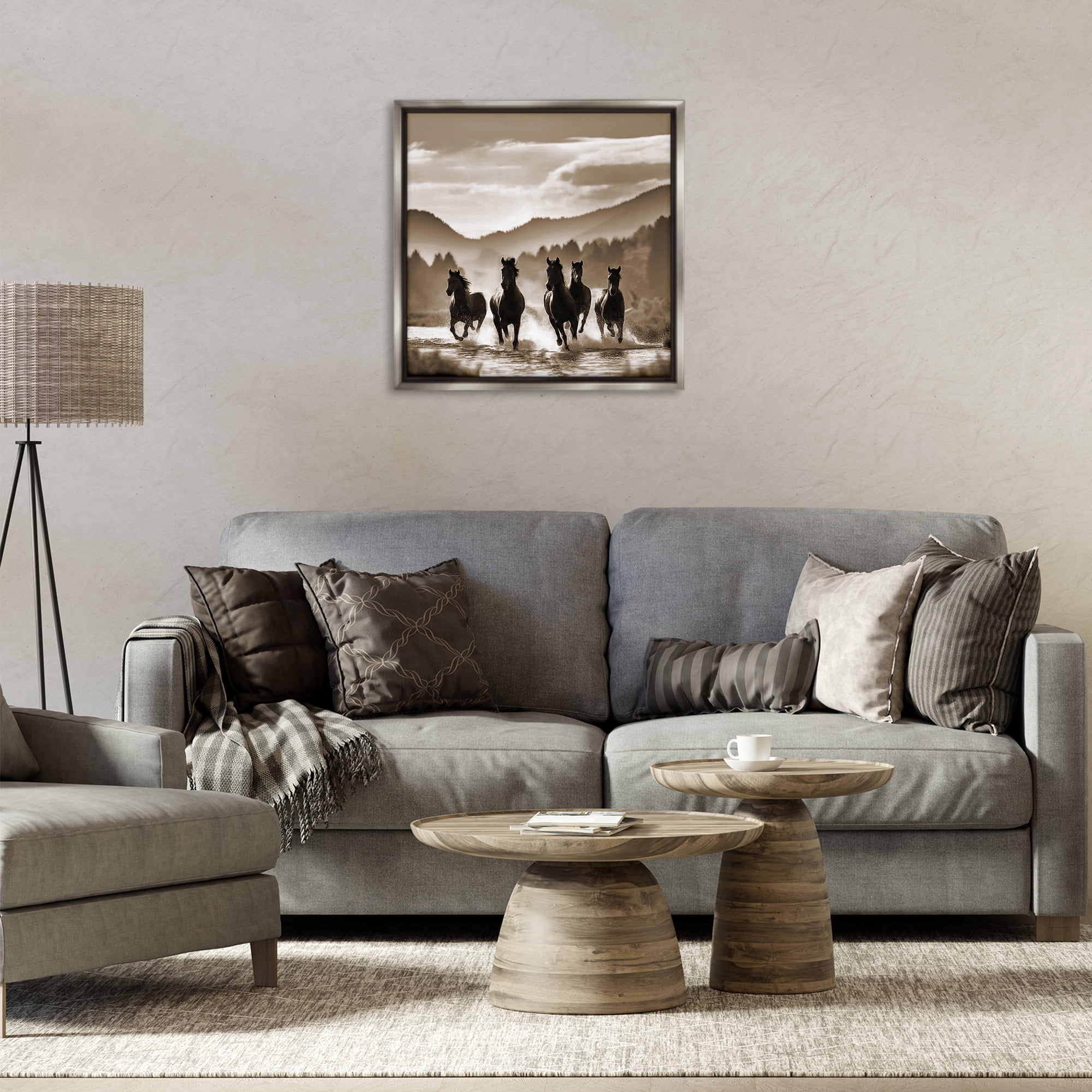 Stupell Industries Splashing Canyon Stallions Animals Painting Gray Floater Framed Canvas Art Print Wall Art, 25 x 25