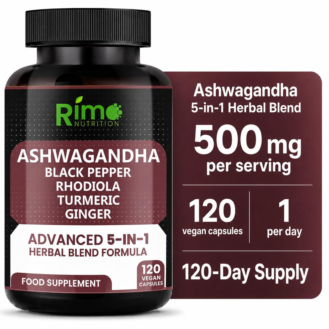 Rimo Nutrition Ashwagandha Advanced 5-in-1 Performance Formula - Turmeric, Rhodiola Rosea, Ginger, Black Pepper - 120 Caps for 4 Months Supply