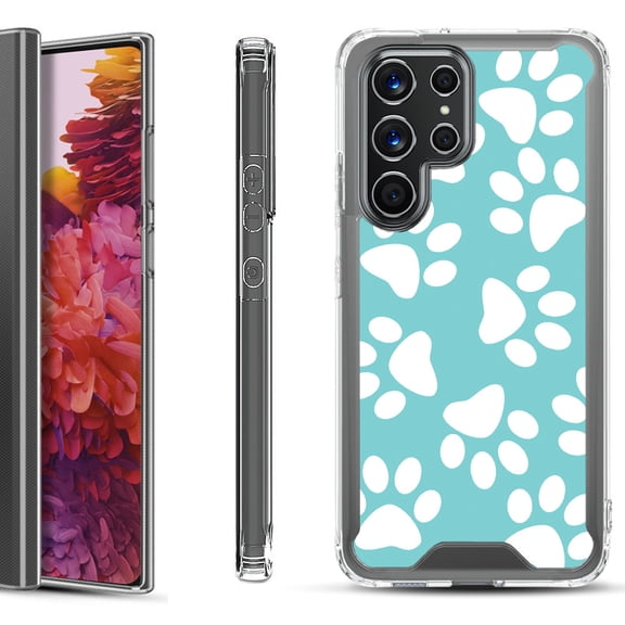 Shockproof Bumper Phone Case for Samsung Galaxy S22 Ultra 5G, by OneToughShield ® - Pet Paw / Teal