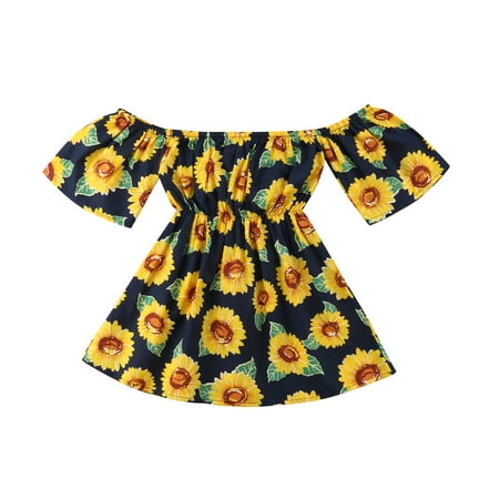 

Baby Girl s Summer Casual Dress Short Sleeve Off Shoulder Sunflower Print A-Line Dress