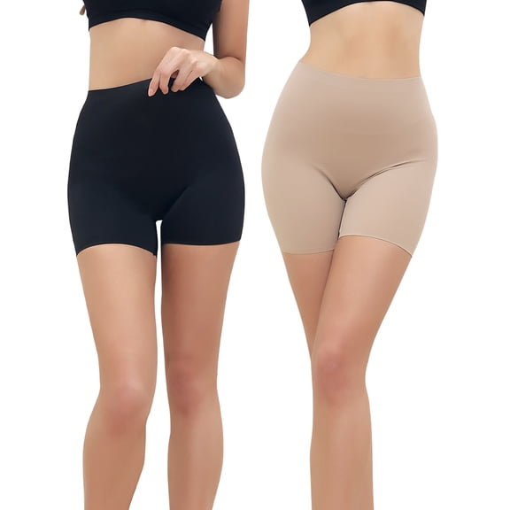 QRIC 2-Pack Nude Slip Shorts for Women Under Dress Seamless Anti-chafing Slips Safety Pants Belly Smooth Ice Silk Boyshort (S-XL)