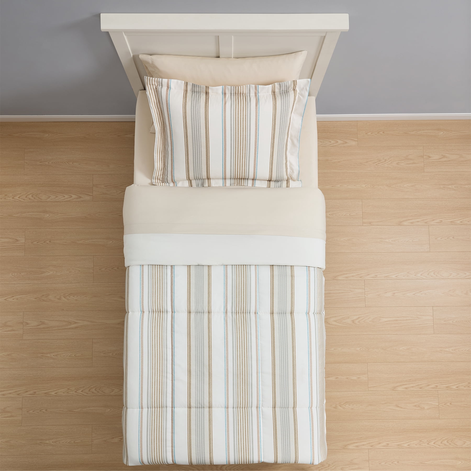 Mainstays All in One Reversible Comforter and Sheet set- 5 Piece, Twin, Beige Stripe