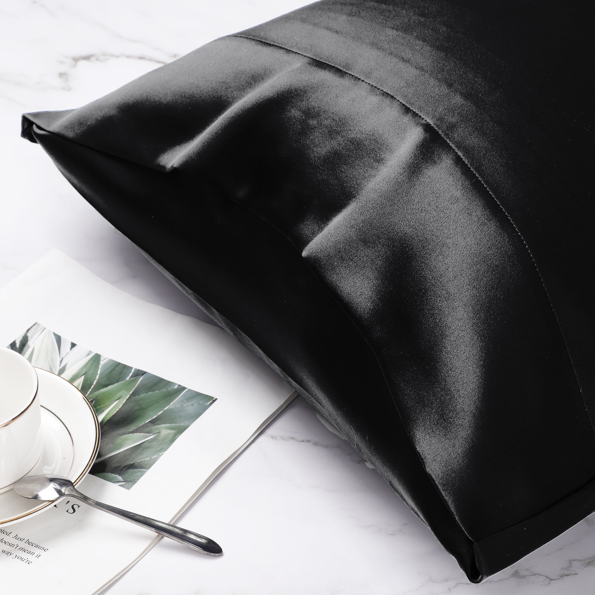 PiccoCasa 19 Momme Silk Pillowcase with Eye Cover Set Queen Black