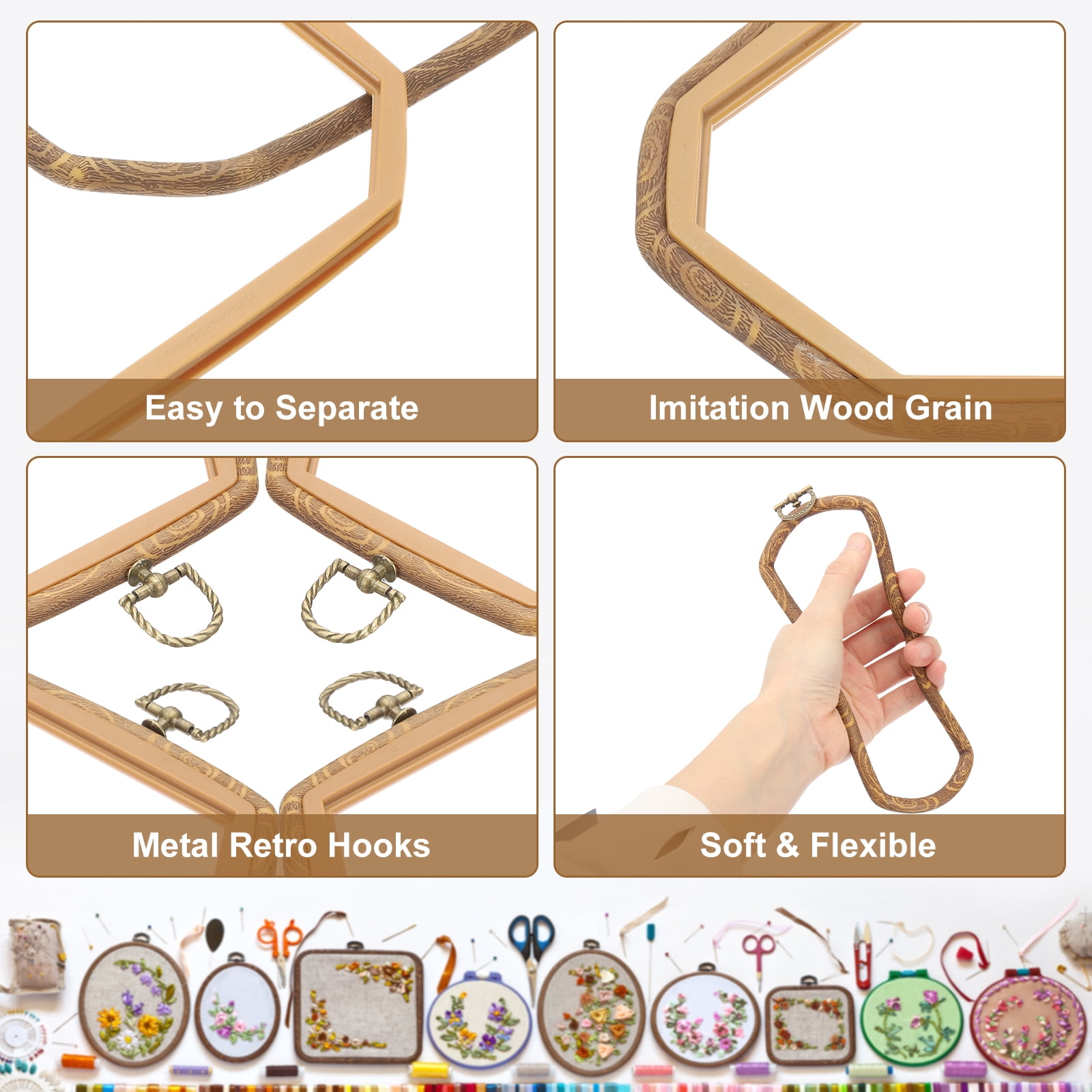 Uxcell 4 Pieces 6.7" x 4.3" Rectangular Embroidery Hoops Frame Imitated Wood Circle Cross Stitch Hoop Ring for Embroidery Art Craft Handy Sewing Decoration, Brown