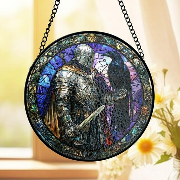 Mandalorian Knight Stained Glass Suncatcher, Fantasy Warrior Stained Glass, Gift For Gamer Dad Window Hanging, Paladin And Raven Glass