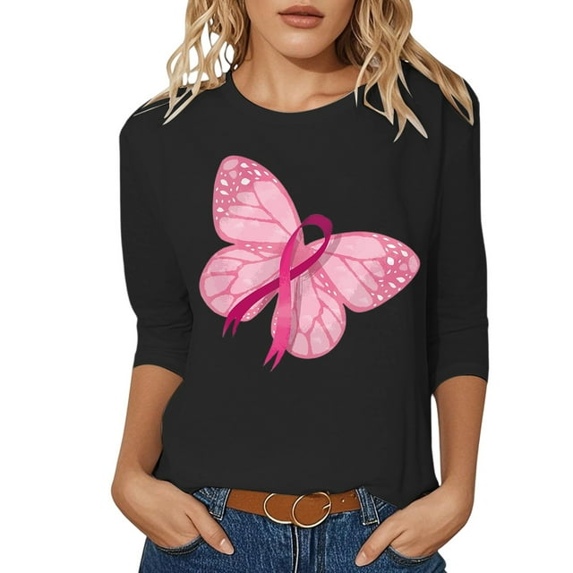 Fgnfyis T-Shirts pour Femmes Sensibilisation au Cancer Haut Décontracté Col Rond Manches Trois-Quarts Design Imprimé pour Usage Quotidien et Occasions Festives Printemps Été Automne Hauts pour Femmes Noir G