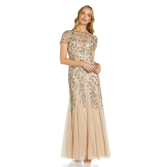 Adrianna Papell Robe à Manches Courtes pour Femmes à Motif Floral Perlé Godet, Beige (Taupe/rose), 16