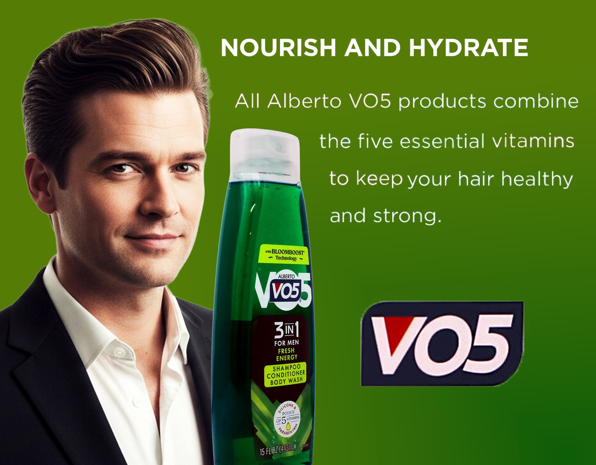 Alberto VO5 Men Fresh Energy 3 in 1 Shampoo Conditioner Body Wash, 15 Oz, Pack of 12