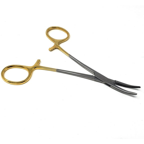 Stainless Steel Fishing Pliers Anglers Catch & Release Serrated Tool, Gold Handle 5.5" Curved