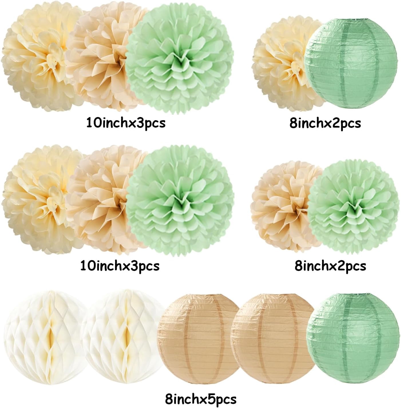 Sage Green Boho Party Decorations Paper Flowers Lanterns 15PCS Safari Rustic Neutral Baby Shower Tissue Pom Poms Streamers Champagne Gold Birthday Wedding Graduation Hanging Decor Supplies