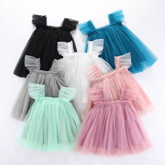 Dresses for Girls Fly Sleeve Solid Color Mesh Tutu Dress Casual Summer Baby Girl Dress Black 2-3 Years