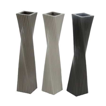 Ribbed Ceramic - Decmode Set of 3 Contemporary 24 X 4 Inch Twisted and Ribbed Ceramic Vases, Multicolor