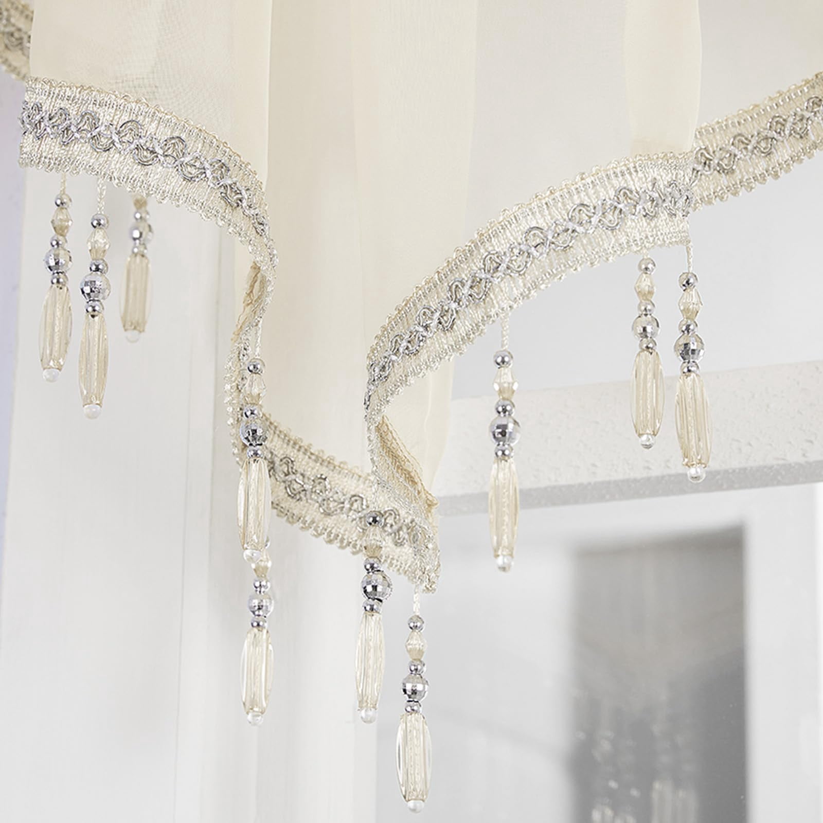 Swag Curtain Rod Pocket Scalloped Valance Sheer Lace Panel with Hanging Crystal Beads for Kitchen Bedroom Window Treatment Drape Decor 51x23 Inch White